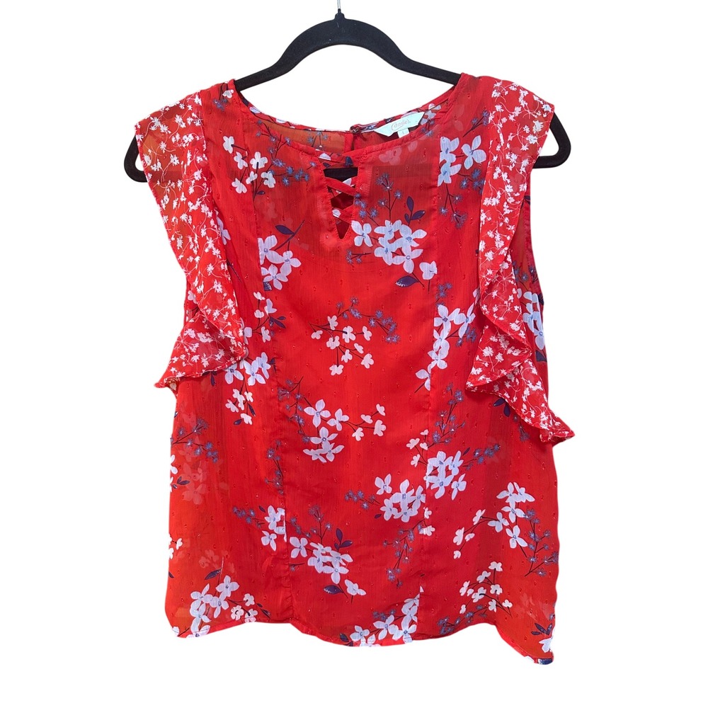 Candies Red Floral Ruffle Sleeve Blouse Lace Up Neck Chiffon Top Large